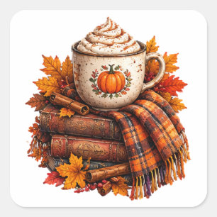 Cosy Autumn Pumpkin Latte Books Design Square Sticker