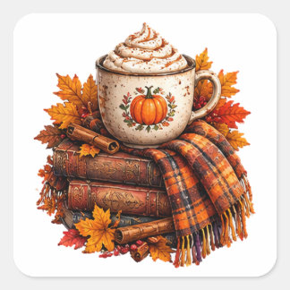 Cosy Autumn Pumpkin Latte Books Design Square Sticker