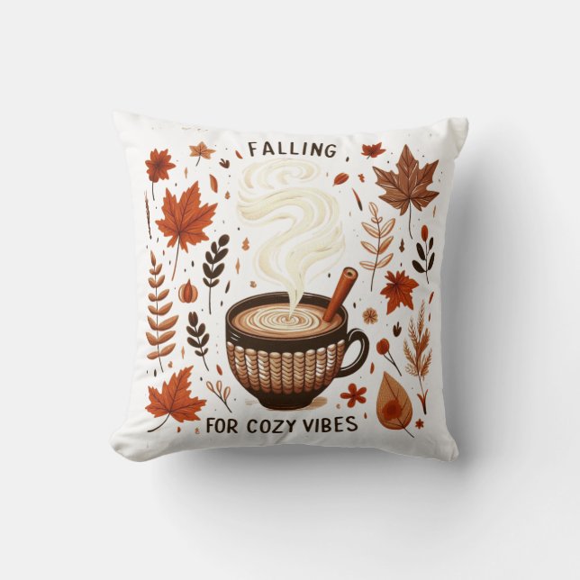 Cosy Autumn Pumpkin Spice & Fall Leaves Vibes Cushion (Front)