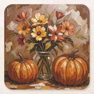 Cosy Autumn Pumpkins and Flowers Square Paper Coaster
