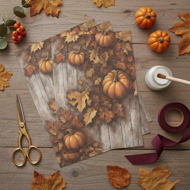 Cosy Autumn Rustic Pumpkins Fall Leaves on Wood Tissue Paper (Creator Uploaded)