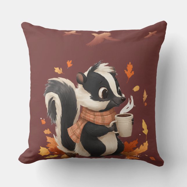 Cosy Autumn Skunk Throw Pillow - Cute Fall Forest  (Front)