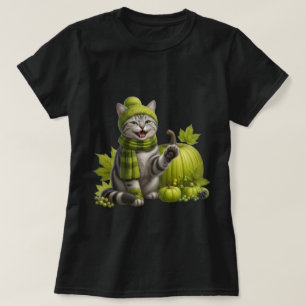 Cosy Autumn Tabby Cat Green Pumpkin Art T-Shirt