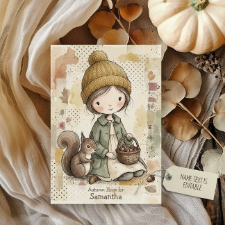 Cosy Autumn Woodland Girl Squirrel Fall Collage Card