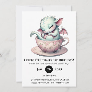 Cosy Baby Dragon in Floral Teacup Birthday Invitation