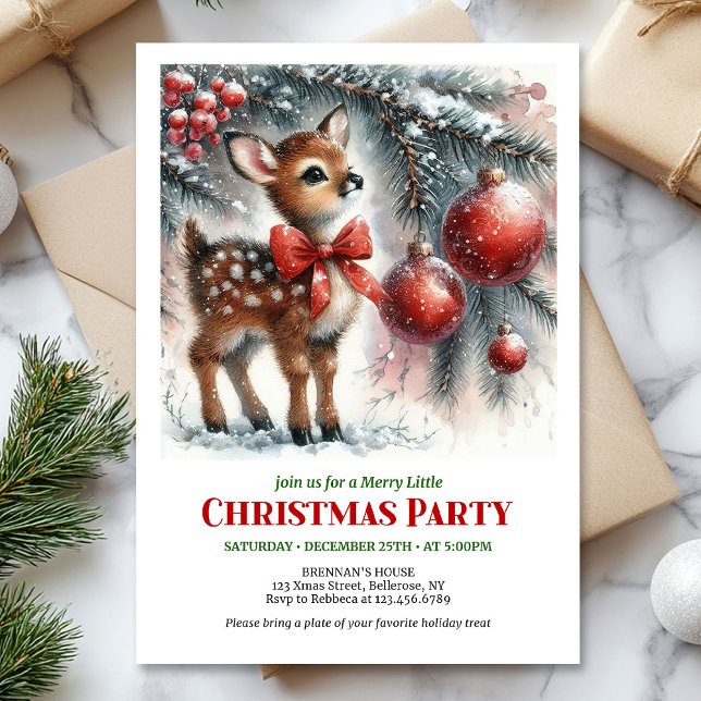 Cosy baby fawn winter scene printable Christmas  Invitation (Cozy baby fawn winter scene printable Christmas invite)