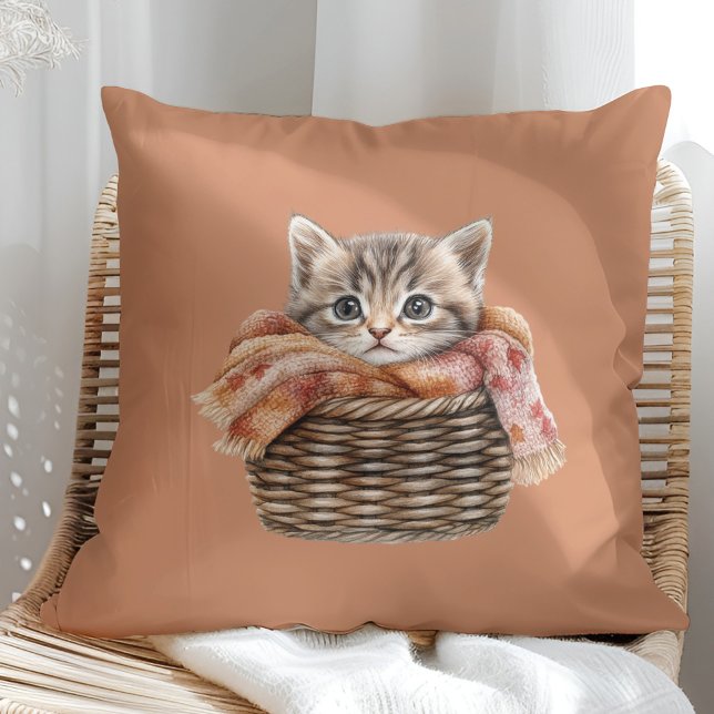 Cosy Basket Cat Pillow – Terracotta Edition (Cozy Basket Cat Pillow – Terracotta Edition in a sunny boho rattan chair.)