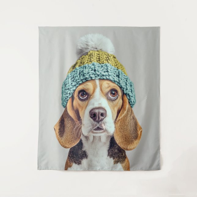Cosy Beagle in a Winter Knit Hat Tapestry (Front)