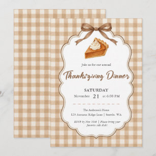 Cosy Beige Gingham Pumpkin Pie Thanksgiving Dinner Invitation