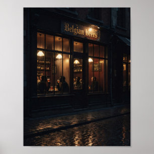 Cosy Belgian Tavern on Rainy Night Poster
