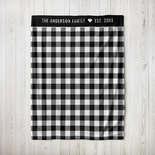 Cosy Black and White Buffalo Plaid Family Monogram Fleece Blanket