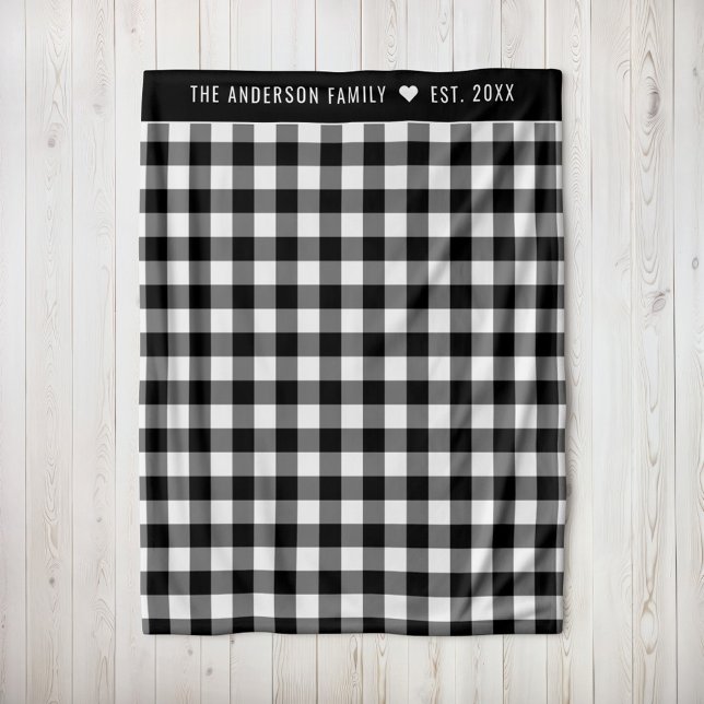 Cosy Black and White Buffalo Plaid Family Monogram Fleece Blanket (Creator Uploaded)