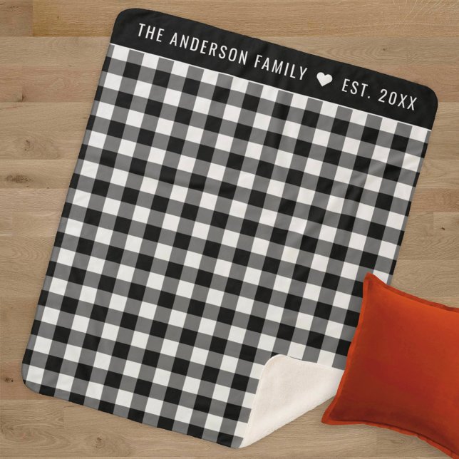 Cosy Black and White Buffalo Plaid Family Monogram Sherpa Blanket (Creator Uploaded)