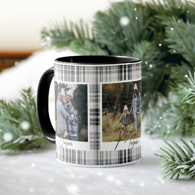 Cosy Black and White Plaid fabric Family Photos Mug (Cozy Black and White Plaid fabric Family Photos Mug)