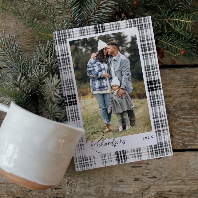Cosy Black and White Plaid Flannel Family Photo Holiday Card (Cozy Black and White Plaid Flannel Family Photo Holiday Card)