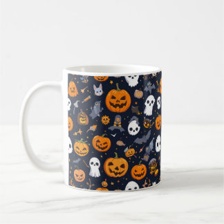 Cosy Black Background Ghost & Pumpkin All-Over Pat Coffee Mug