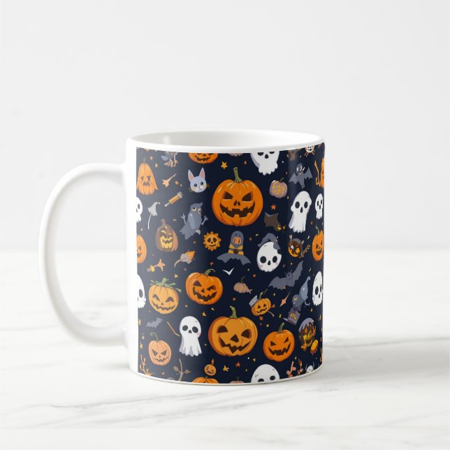 Cosy Black Background Ghost & Pumpkin All-Over Pat Coffee Mug (Left)