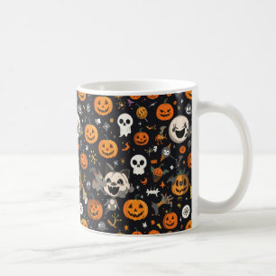 Cosy Black Background Ghost & Pumpkin All-Over Pat Coffee Mug