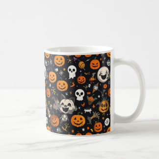 Cosy Black Background Ghost & Pumpkin All-Over Pat Coffee Mug