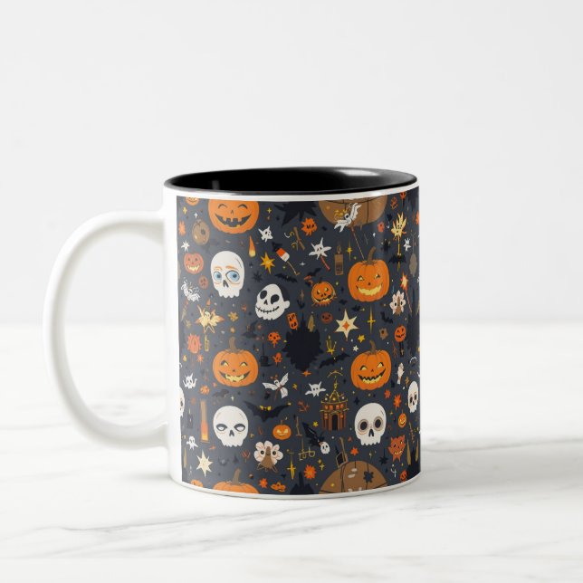 Cosy Black Background Ghost & Pumpkin All-Over Pat Two-Tone Coffee Mug (Left)