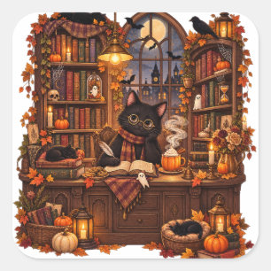 Cosy Black Cat Bookshop Halloween Square Sticker
