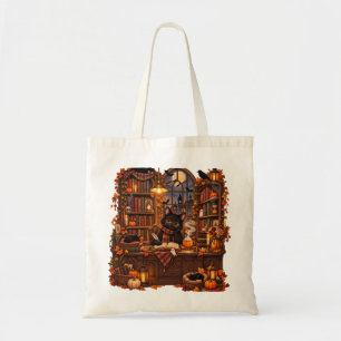 Cosy Black Cat Bookshop Halloween Tote Bag