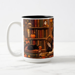Cosy Black Cat Bookshop Halloween Two-Tone Coffee Mug