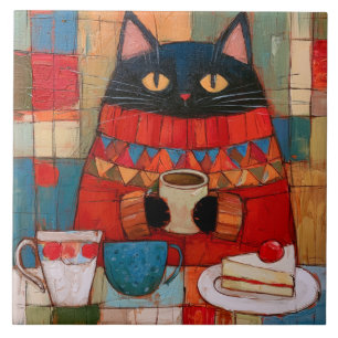 Cosy Black Cat Drinking Coffee At Cafe Ceramic Tile