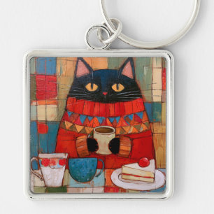 Cosy Black Cat Drinking Coffee At Cafe Key Ring