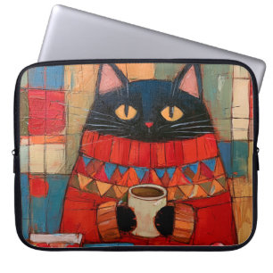Cosy Black Cat Drinking Coffee At Cafe Laptop Sleeve