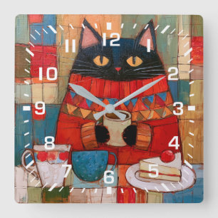 Cosy Black Cat Drinking Coffee At Cafe Square Wall Clock