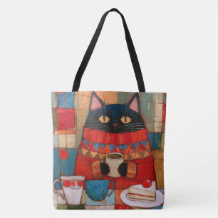 Cosy Black Cat Drinking Coffee At Cafe Tote Bag