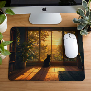 Cosy Black Cat Lover Lofi Art Mouse Pad