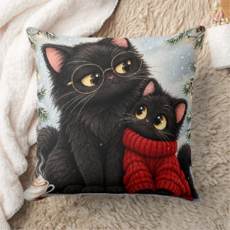 Cosy Black Cats with Red Scarf Throw Pillow