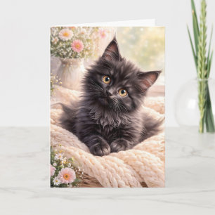 Cosy Black Kitten on Knit Blanket with Flowers  Card