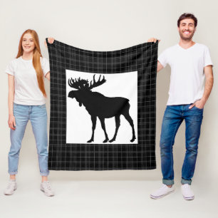 Cosy Black Plaid Moose Design Fleece Blanket