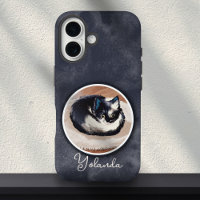 Cosy Black White Sleeping Cat Art Custom Name 