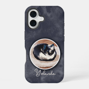 Cosy Black White Sleeping Cat Art Custom Name iPhone 16 Case