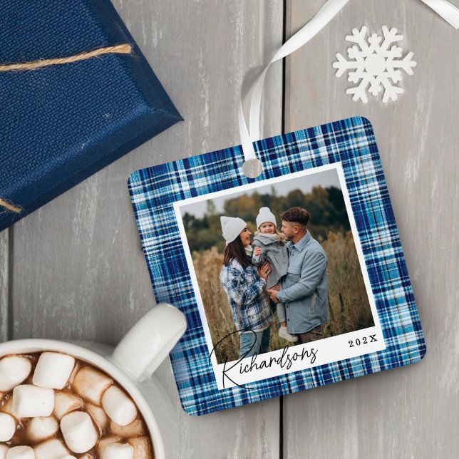 Cosy blue and White Plaid fabric Family Photo Metal Tree Decoration (Cozy blue and White Plaid fabric Family Photo Metal Ornament)