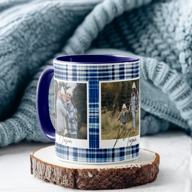 Cosy Blue and White Plaid fabric Family Photos Mug (Cozy Blue and White Plaid fabric Family Photos Mug)
