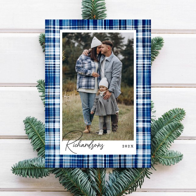 Cosy Blue and White Plaid Flannel Family Photo Holiday Card (Cozy Blue and White Plaid Flannel Family Photo Holiday Card)