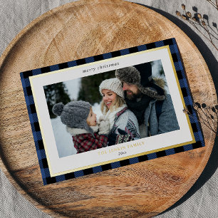Cosy Blue Black Plaid Border 3 Photos Christmas Foil Holiday Card