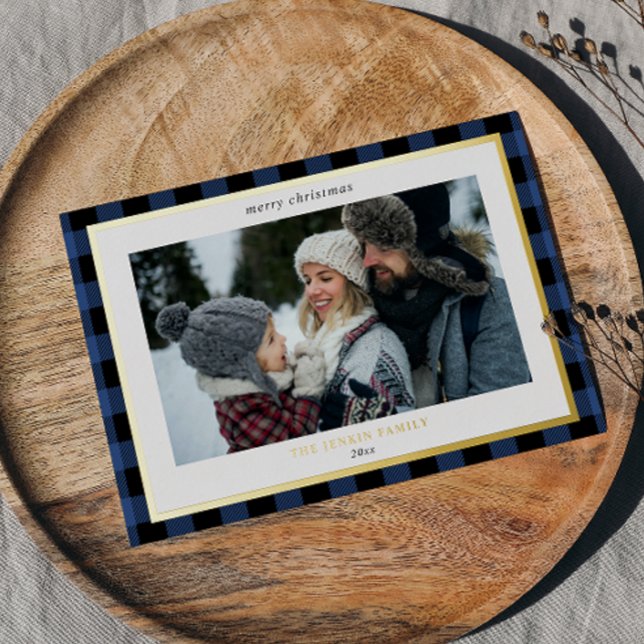 Cosy Blue Black Plaid Border 3 Photos Christmas Foil Holiday Card (Creator Uploaded)