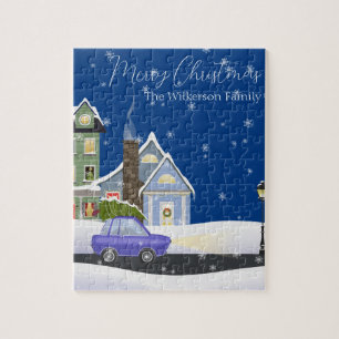Cosy Blue Christmas Night in a Snowy Village Jigsaw Puzzle