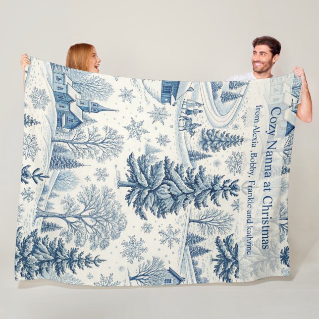 Cosy Blue Christmas Winter Scene Design Fleece Blanket (In Situ)