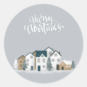 Cosy blue grey winter in nordic village classic round sticker