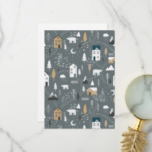 Cosy blue grey winter in nordic village thank you card