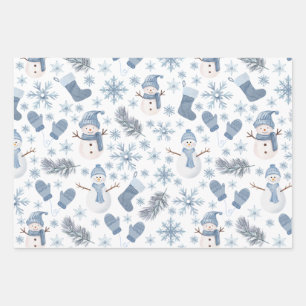 Cosy Blue Winter on White Wrapping Paper Sheet
