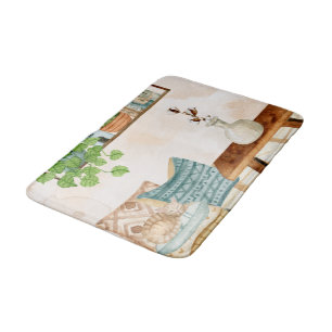 Cosy Bohemian Living Room Watercolor Art Bath Mat
