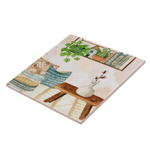 Cosy Bohemian Living Room Watercolor Art Ceramic Tile